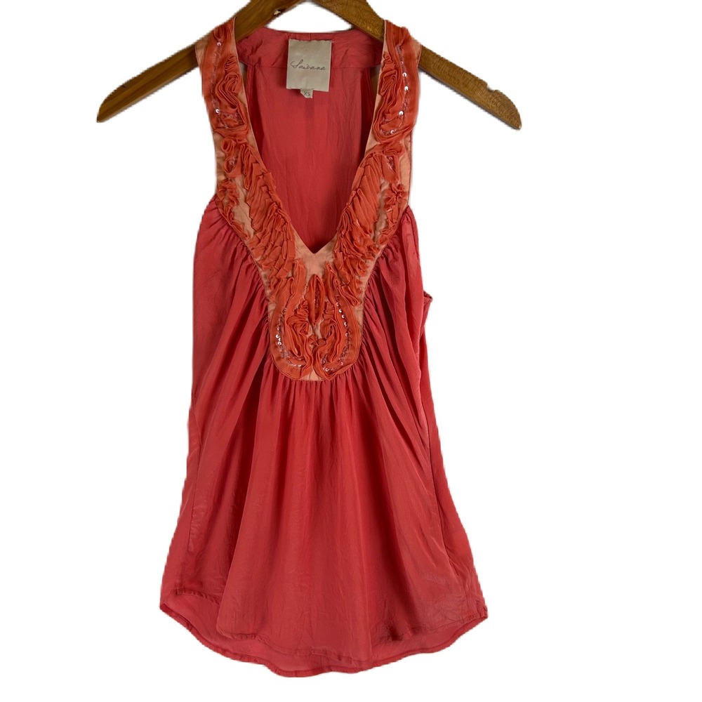 Saivana Womens 100% Silk Ruffle Sequin V-Neck Tank Top Coral Pink Size XS